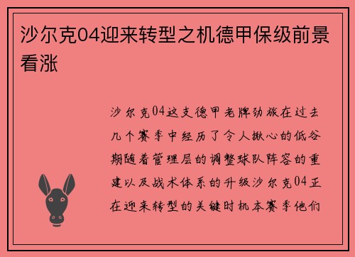 沙尔克04迎来转型之机德甲保级前景看涨